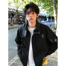 批发黑色十字架飞行夹克男生春季翻领cleanfit短款<b class='q'>外套</b>美式高街棒球服