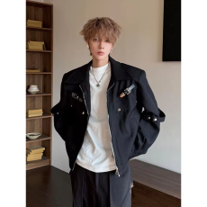 批发黑色解构金属铆钉垫肩飞行夹克男款春季美式高街潮牌短款工装<b class='q'>外套</b>