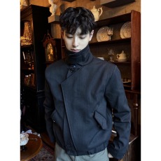 批发美式复古格子拼接假俩件夹克男老钱风千鸟格立领<b class='q'>外套</b>男女同款