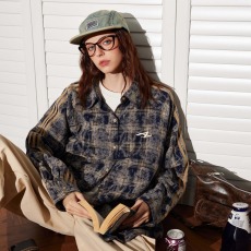 批发美式扎染格子长袖衬衫高街cleanfit情侣宽松休闲衬衣潮男bf风<b class='q'>外套</b>