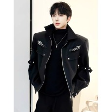 批发垫肩黑色机车服外套<b class='q'>男</b>春秋设计感小众痞帅高级感短款<b class='q'>夹克</b>
