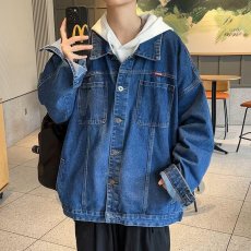 批发春季纯棉牛仔外套<b class='q'>男</b>士深蓝复古宽松<b class='q'>夹克</b>韩版潮牌春秋上衣潮流褂子