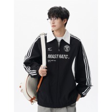 批发美式学院风条纹撞色运动夹克男春季潮牌痞帅字母刺绣翻领<b class='q'>外套</b>