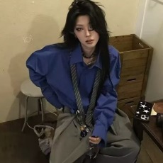 批发美式早春穿搭克莱因蓝色宽松长袖衬衫男款痞帅高级感休闲衬衣<b class='q'>外套</b>