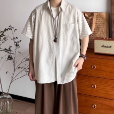 批发日系<b class='q'>男装</b>覆古竖条纹短袖衬衫中性宽松休闲百搭翻领衬衫外套男
