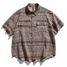 批发2026新款民族异域复古花纹半袖<b class='q'>衬衫</b>潮流痞帅少年宽松薄款<b class='q'>衬衣</b>男