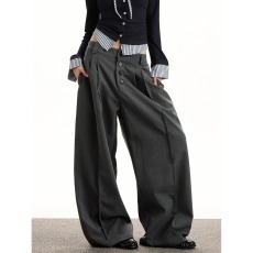 批发欧美式双褶设计感暗扣小西裤<b class='q'>男</b>女宽松直筒长裤休闲百搭<b class='q'>西服</b>西装裤