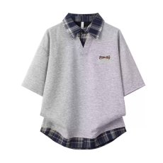 批发假两件拼接<b class='q'>衬衫</b>领上衣男女2026夏季美式复古格子学院风情侣<b class='q'>T</b>恤衫