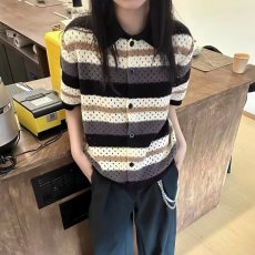 批发镂空条纹设计感针织短袖开衫男<b class='q'>女</b>款2026夏季新贵老钱风正肩上衣