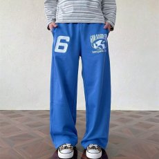 批发美式街头运动风蓝色慵懒版型宽松阔腿<b class='q'>休闲裤</b>男女字母印花直筒卫裤