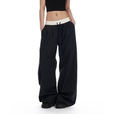 批发美式格子松弛感休闲裤女夏季复古宽松直筒慵懒阔腿<b class='q'>运动</b>裤子