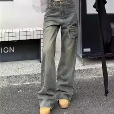 批发微喇设计感工装牛仔裤女春秋<b class='q'>新款</b>小众美式高腰显瘦阔腿网红喇叭裤