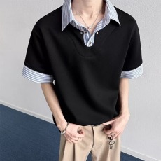 批发美式假两件翻领短袖<b class='q'>T</b><b class='q'>恤</b>男女<b class='q'>夏季</b>潮牌宽松条纹<b class='q'>衬衫</b>领叠穿上衣服
