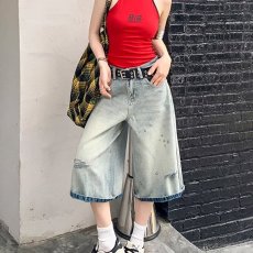 批发高个子复古破洞<b class='q'>牛仔</b><b class='q'>短裤</b><b class='q'>女</b>夏季新款高腰显瘦宽松七分直筒阔腿裤子