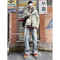 批发拼接小众设计感牛仔裤男款直筒宽松阔腿美式复古微喇休闲长裤子潮