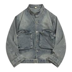 批发2025新款春装潮牌美式复古上衣百搭立领大口袋<b class='q'>牛仔</b>夹克外套男