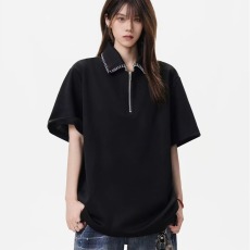 批发2026夏季撞色半拉链短袖POLO衫男女简约高级感休闲通勤百搭上衣