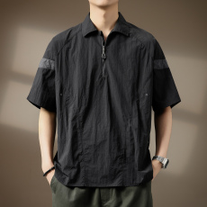 批发高端山系户外美式复古短袖Polo衫男夏季翻领速干<b class='q'>T</b><b class='q'>恤</b>半拉链上衣男