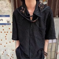 批发古巴领褶皱免烫<b class='q'>黑色</b>短袖衬衫男小众设计提花刺绣宽松休闲开衫外套