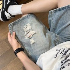 批发破洞牛仔短裤<b class='q'>男</b>夏季薄款宽松水洗做旧马裤青少年美式高街五分<b class='q'>裤子</b>