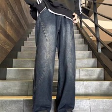 批发美式拼接牛仔裤<b class='q'>男</b>春秋潮牌vibe宽松阔腿裤休闲裤痞帅直筒休闲<b class='q'>裤子</b>