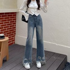 批发高街复古微喇叭<b class='q'>牛仔裤</b>女流苏毛边长裤显瘦<b class='q'>弹力</b>拖地垂感紧身马蹄裤