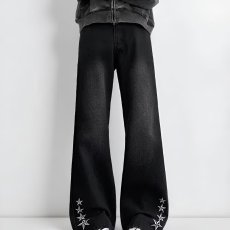 批发美式高街刺绣星星牛仔裤<b class='q'>男</b>春秋季设计感潮牌炸街宽松直筒微喇<b class='q'>裤子</b>