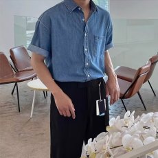 批发水洗做旧牛仔<b class='q'>衬衫</b>男装夏季韩系宽松高级感短袖工装<b class='q'>衬衣</b>外套