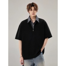 批发大码日系复古polo衫男夏季重磅宽松拉链<b class='q'>翻领</b><b class='q'>男士</b>短袖<b class='q'>t</b><b class='q'>恤</b>潮牌半袖