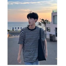 批发美式黑白条纹针织短袖男款夏季<b class='q'>韩版</b>重磅正肩t恤小领口简约<b class='q'>打底衫</b>