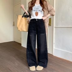 批发美式复古猫须黑灰色阔腿牛仔裤早秋宽松<b class='q'>裤子</b><b class='q'>男</b>女直筒百搭潮