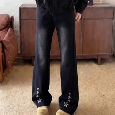 批发美式高街刺绣星星牛仔裤<b class='q'>男</b>春秋季设计感潮牌炸街宽松直筒微喇<b class='q'>裤子</b>