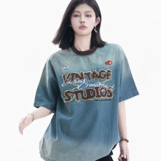 批发夏季美式复古重工字母刺绣水洗<b class='q'>牛仔</b>短袖T恤宽松潮牌情侣款<b class='q'>上衣</b>