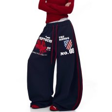 批发美式复古双腰头字母印花<b class='q'>运动</b>卫裤女慵懒风宽松百搭街舞阔腿<b class='q'>休闲</b>裤