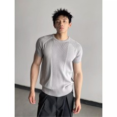 批发拼接修身针织收袖口短袖男夏季美式坑条肌理感健身上衣内搭<b class='q'>t</b><b class='q'>恤</b>潮