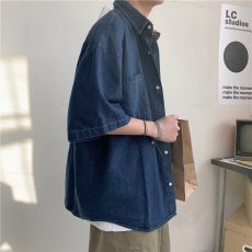 批发日系穿搭蓝色短袖衬衫男女休闲夏季百搭宽松开衫衬衣复古<b class='q'>上衣</b>