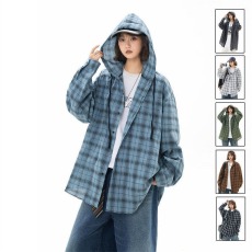 批发户外轻薄防晒<b class='q'>格子</b>连帽<b class='q'>衬衫</b>外套男女2026夏季新款宽松情侣长袖<b class='q'>衬衣</b>