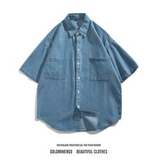 批发日系穿搭蓝色短袖<b class='q'>衬衫</b><b class='q'>男</b>女<b class='q'>休闲</b>夏季百搭宽松开衫<b class='q'>衬衣</b>复古上衣