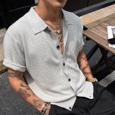 批发庄园聚会日老钱风针织短袖<b class='q'>衬衫</b><b class='q'>男</b>高级感翻领褶皱<b class='q'>衬衣</b>