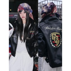 批发美式高街机车<b class='q'>皮衣</b>夹克<b class='q'>男</b>女春季重磅刺绣赛车服外套宽松hiphop上衣