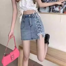 批发大码胖mm牛仔半身裙设计感绑带包臀短裙女夏季新款高腰显瘦a字裙