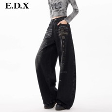 批发街头美式弯刀牛仔裤男女铆钉重工<b class='q'>设计</b>字母印花显瘦黑色阔腿裤子