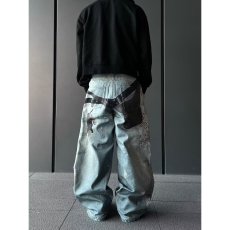 批发美式休闲复古长裤子男水洗做旧废土风<b class='q'>设计</b>感喷染阔腿牛仔裤男