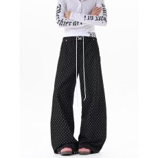 批发美式复古波点抽绳直筒休闲裤女秋季高街<b class='q'>设计</b>感宽松显瘦垂感阔腿裤
