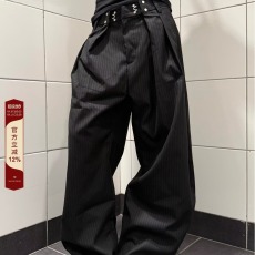 批发美式复古褶皱<b class='q'>设计</b>男女春秋季竖条纹阔腿宽松直筒休闲长裤弯刀西裤