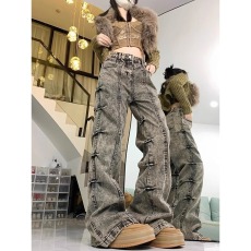 批发水洗做旧褶皱牛仔裤男款美式高街vibe裤子<b class='q'>设计</b>感废土风直筒微喇裤