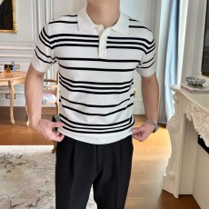 批发夏季新款透气冰丝针织polo衫男 高级条纹拼色<b class='q'>翻领</b>修身<b class='q'>t</b><b class='q'>恤</b><b class='q'>男士</b>短袖