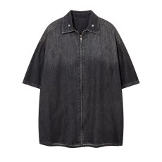 批发美式高街渐变水洗做旧牛仔短袖<b class='q'>衬衫</b>男女夏季时尚潮牌情侣拉链<b class='q'>衬衣</b>