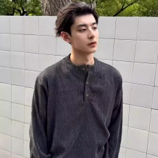 批发深灰色亨利领长袖t恤<b class='q'>男</b>款秋季美式复古正肩Polo<b class='q'>卫衣</b>内搭打底上衣