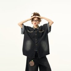 批发复古水洗牛仔<b class='q'>衬衫</b>短袖男女美式宽松设计感豹纹拼接<b class='q'>衬衣</b>外穿五分袖